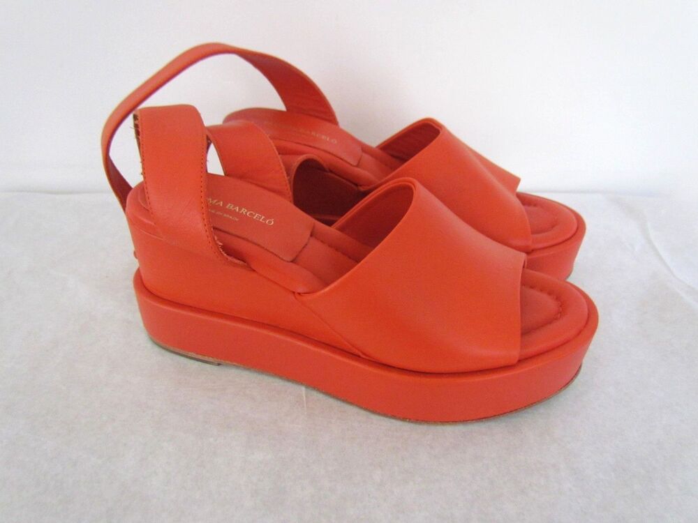 Paloma Barcelo Leather Platform Sandals Orange 37 US 6.5
